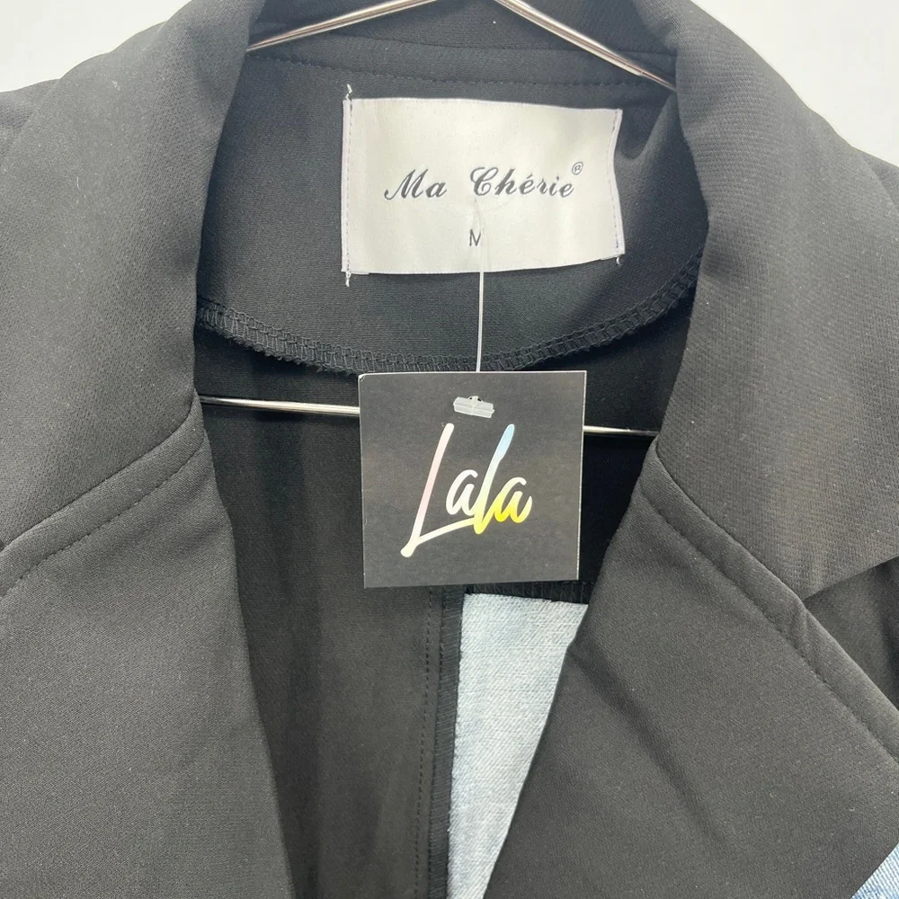 Women’s Jacket - Dressed in LALA Black and Denim Patchwork Blazer Size Medium - Picture 5 of 7